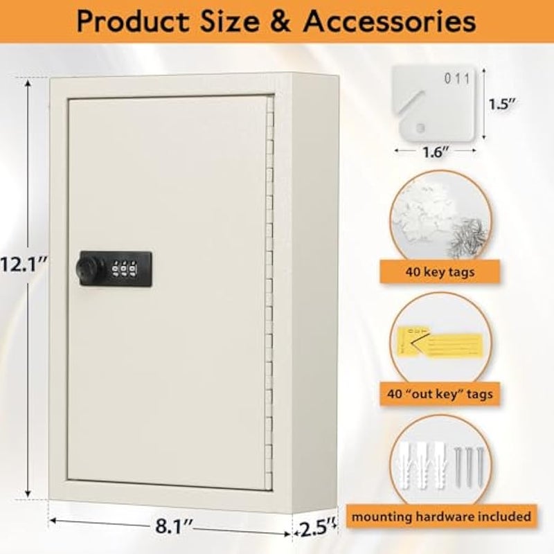 كيودوليد صندوق قفل لتخزين المفاتيح مع رمز، خزانة مفاتيح قفل، 40 مفتاح تحكم يثبت على الحائط مع قفل برمز، خطافات مفاتيح وبطاقات ملصقات، 2.5 انش عمق × 8.1 انش عرض × 12.1 انش ارتفاع (ابيض، 40 مفتاح) - Image 2